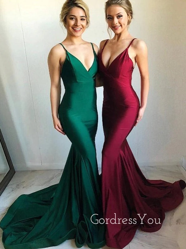 Simple Spaghetti Straps Satin Mermaid Long Evening Prom Dresses, V-neck Custom Prom Dress, GR0201