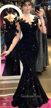Black Sequins Appliques Long Sleeves Mermaid Long Evening Prom Dresses, GR0203
