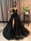 V-neck Black Sparkly A-line Spaghetti Straps Long Evening Prom Dresses, Side Slit Custom Prom Dress, GR0204