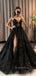 V-neck Black Sparkly A-line Spaghetti Straps Long Evening Prom Dresses, Side Slit Custom Prom Dress, GR0204