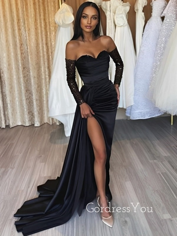 Sweetheart Mermaid Black Satin Long Evening Prom Dresses, Long Sleeves Custom Prom Dress, GR0205