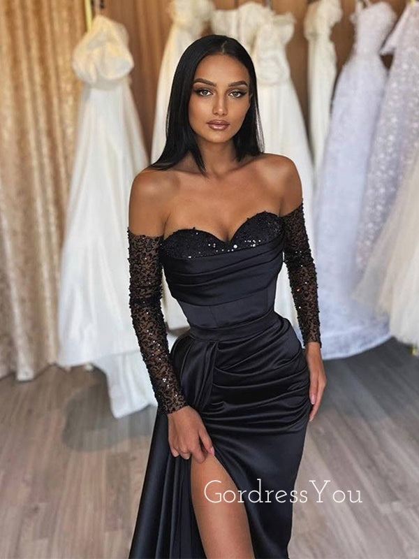 Sweetheart Mermaid Black Satin Long Evening Prom Dresses, Long Sleeves Custom Prom Dress, GR0205