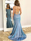 Blue Sparkly Mermaid Spaghetti Straps Long Evening Prom Dresses, GR0206