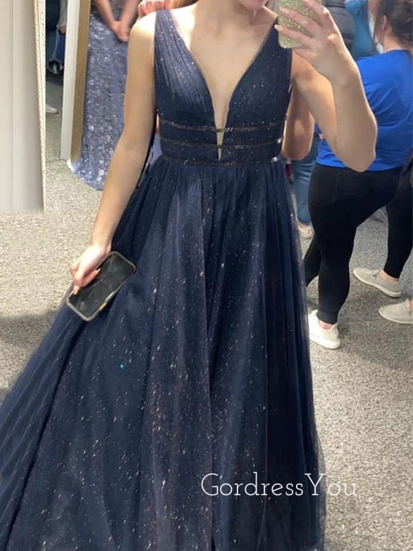 Navy Blue Tulle A-line Long Evening Prom Dresses, V-neck Custom Prom Dress, GR0207