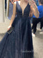 Navy Blue Tulle A-line Long Evening Prom Dresses, V-neck Custom Prom Dress, GR0207