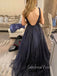 Navy Blue Tulle A-line Long Evening Prom Dresses, V-neck Custom Prom Dress, GR0207