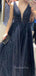 Navy Blue Tulle A-line Long Evening Prom Dresses, V-neck Custom Prom Dress, GR0207