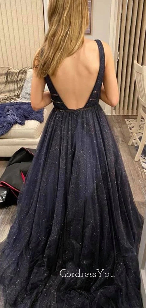 Navy Blue Tulle A-line Long Evening Prom Dresses, V-neck Custom Prom Dress, GR0207