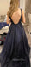 Navy Blue Tulle A-line Long Evening Prom Dresses, V-neck Custom Prom Dress, GR0207