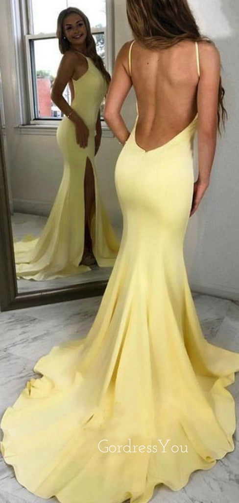 Spaghetti Straps Yellow Mermaid Long Evening Prom Dresses, Backless Side Slit Prom Dress, GR0208