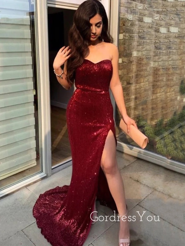 Strapless Burgundy Sequins Mermaid Side Slit Long Evening Prom Dresses, Sparkly Prom Dress, GR0209