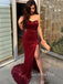 Strapless Burgundy Sequins Mermaid Side Slit Long Evening Prom Dresses, Sparkly Prom Dress, GR0209