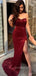 Strapless Burgundy Sequins Mermaid Side Slit Long Evening Prom Dresses, Sparkly Prom Dress, GR0209