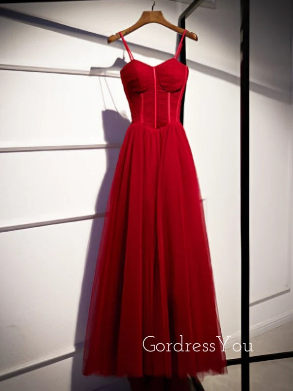 Gorgeous Red Tulle Spaghetti Straps Long Evening Prom Dresses, A-line Custom Prom Dress, GR0211