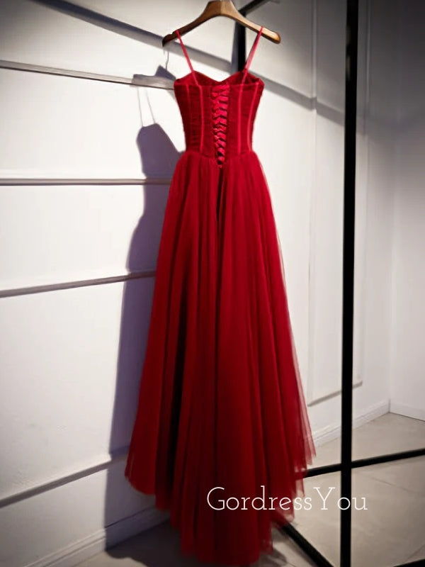 Gorgeous Red Tulle Spaghetti Straps Long Evening Prom Dresses, A-line Custom Prom Dress, GR0211