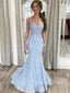 Mermaid Blue Tulle Appliques Spaghetti Straps Long Evening Prom Dresses, V-neck Custom Prom Dress, GR0212