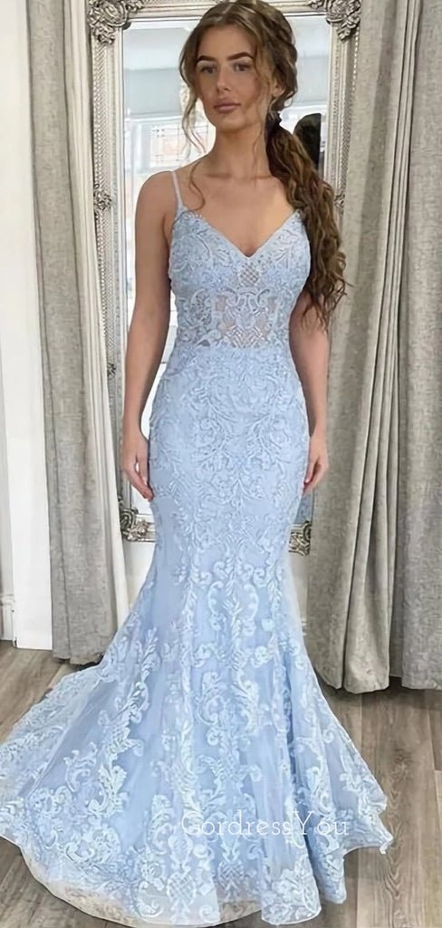 Mermaid Blue Tulle Appliques Spaghetti Straps Long Evening Prom Dresses, V-neck Custom Prom Dress, GR0212