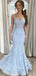 Mermaid Blue Tulle Appliques Spaghetti Straps Long Evening Prom Dresses, V-neck Custom Prom Dress, GR0212