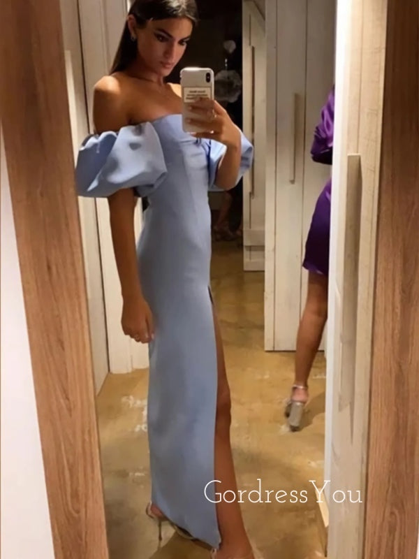 Off Shoulder Blue Satin Mermaid Side Slit Long Evening Prom Dresses, GR0213