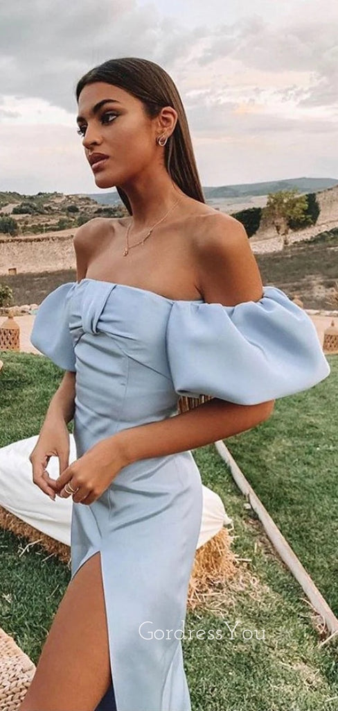 Off Shoulder Blue Satin Mermaid Side Slit Long Evening Prom Dresses, GR0213