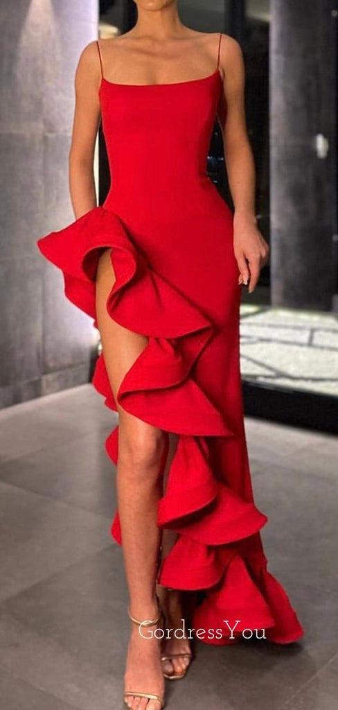 Spaghetti Straps Red Mermaid Side Slit Long Evening Prom Dresses, GR0217