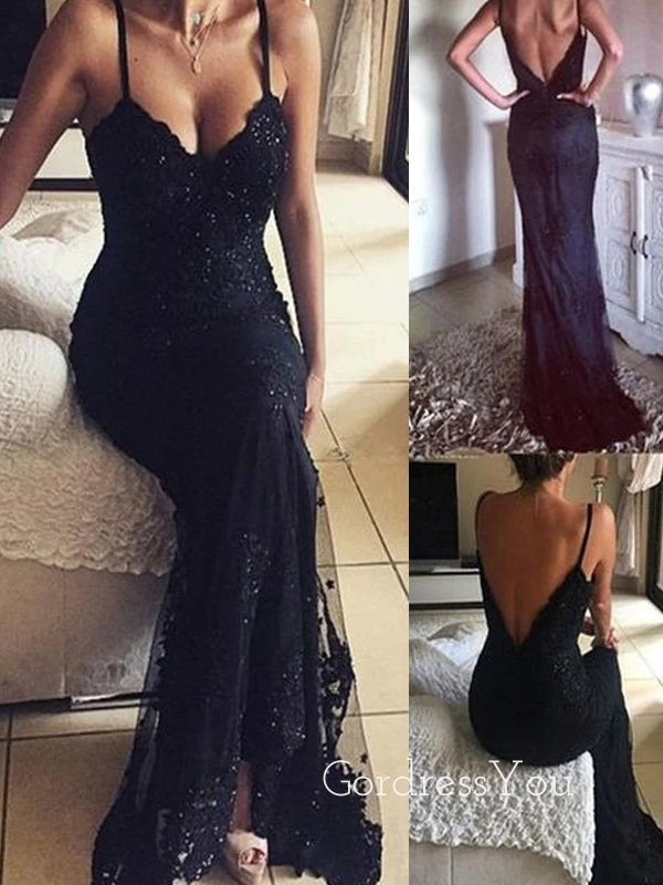 Black Tulle Appliques Mermaid Long Evening Prom Dresses, GR0219