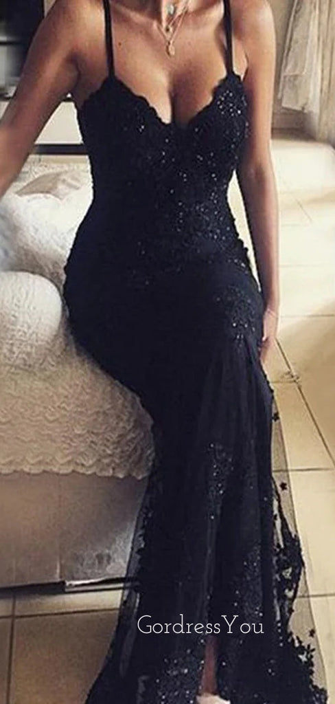 Black Tulle Appliques Mermaid Long Evening Prom Dresses, GR0219