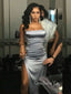 Spaghetti Straps Silver Satin Mermaid High Slit Long Evening Prom Dresses, GR0220