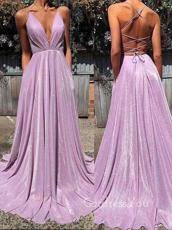 A-line Sparkly V-neck A-line Long Evening Prom Dresses, GR0221