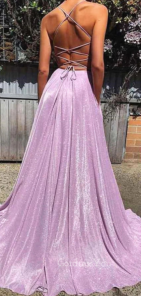 A-line Sparkly V-neck A-line Long Evening Prom Dresses, GR0221