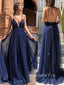 Navy Blue Sparkly A-line Spaghetti Straps Long Evening Prom Dresses, GR0222