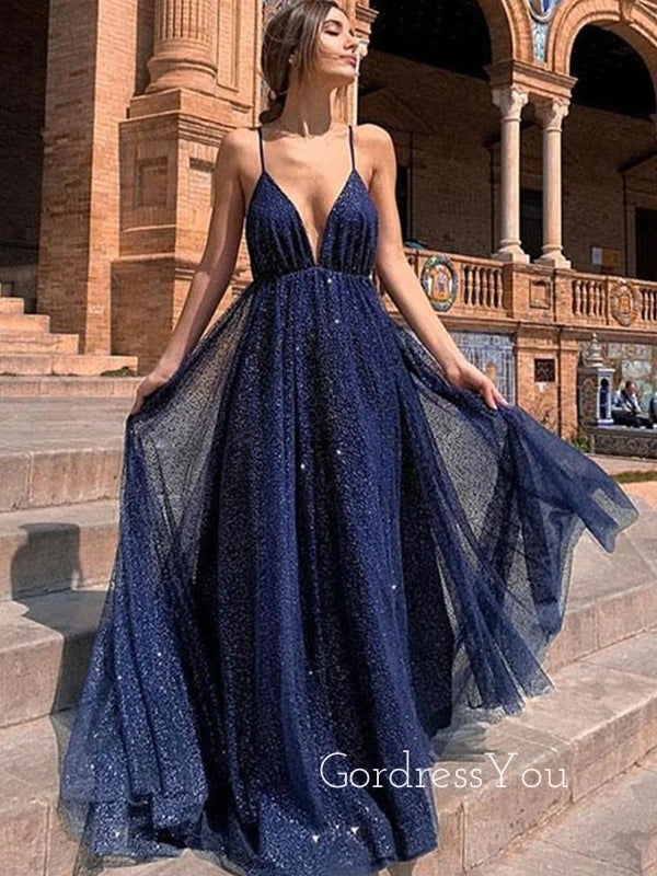 Navy Blue Sparkly A-line Spaghetti Straps Long Evening Prom Dresses, GR0222