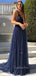 Navy Blue Sparkly A-line Spaghetti Straps Long Evening Prom Dresses, GR0222