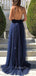 Navy Blue Sparkly A-line Spaghetti Straps Long Evening Prom Dresses, GR0222