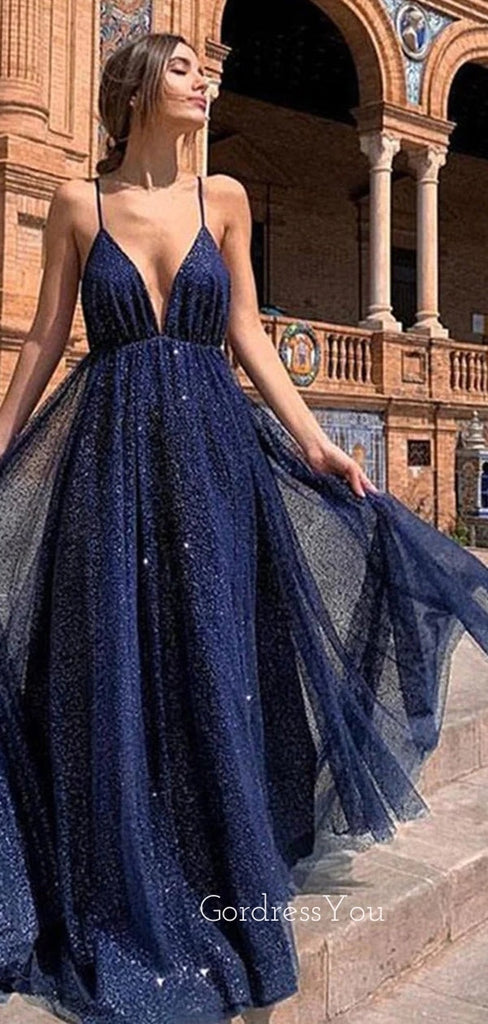 Navy Blue Sparkly A-line Spaghetti Straps Long Evening Prom Dresses, GR0222