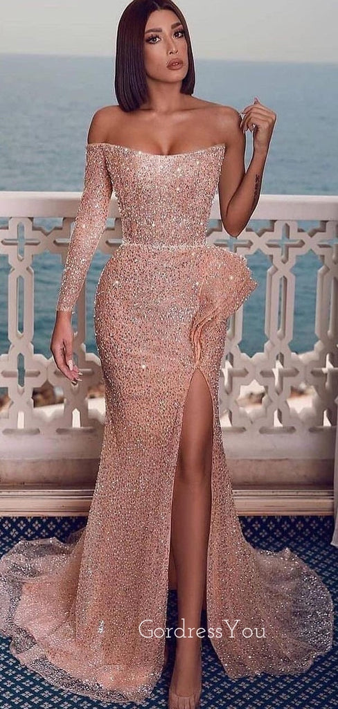 Long Sleeves Mermaid Sparkly Side Slit Long Evening Prom Dresses, GR0223