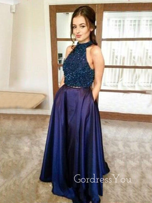 Two Pieces A-line Nave Blue Satin Halter Long Evening Prom Dresses, GR0224