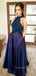 Two Pieces A-line Nave Blue Satin Halter Long Evening Prom Dresses, GR0224