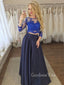 Long Sleeves Blue Satin A-line Appliques Long Evening Prom Dresses, GR0225