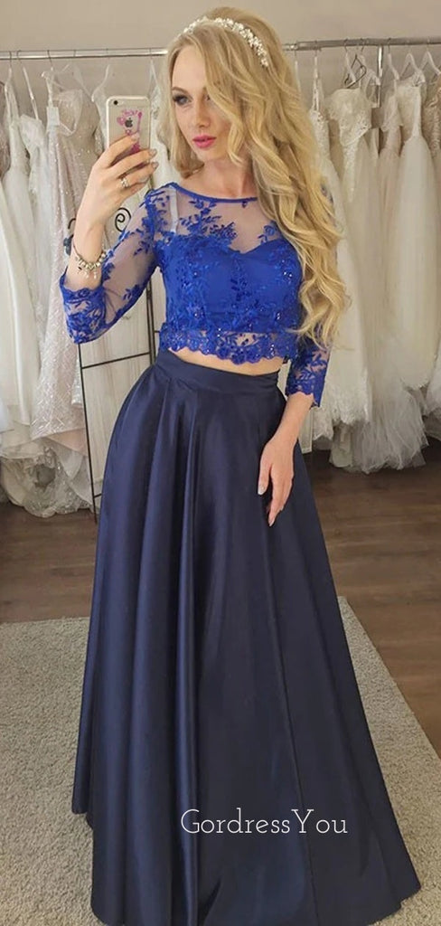 Long Sleeves Blue Satin A-line Appliques Long Evening Prom Dresses, GR0225