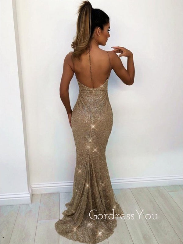 Sparkly Gold Sequins Mermaid Spaghetti Straps V-neck Long Evening Prom Dresses, GR0226