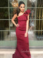 One Shoulder Burgundy Satin Mermaid Long Evening Prom Dresses, GR0227