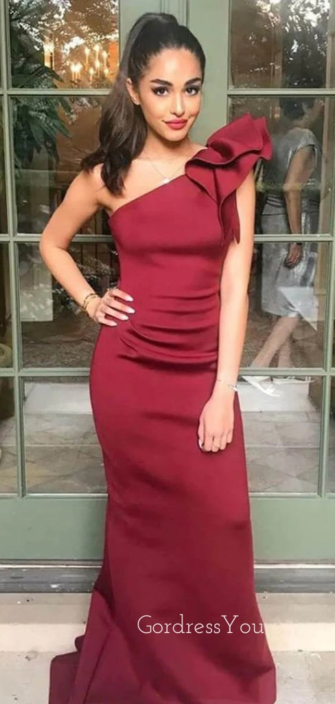 One Shoulder Burgundy Satin Mermaid Long Evening Prom Dresses, GR0227