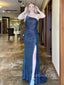 One Shoulder Navy Blue Sequins Side Slit Mermaid Long Evening Prom Dresses, GR0228