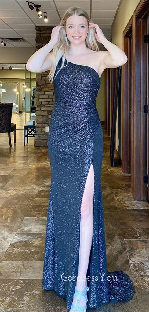 One Shoulder Navy Blue Sequins Side Slit Mermaid Long Evening Prom Dresses, GR0228