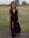 Deep V-neck Black Tulle Appliques A-line Long Evening Prom Dresses, GR0230