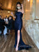 Navy Blue Satin Mermaid One Shoulder Side Slit Long Evening Prom Dresses, GR0231