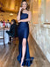 Navy Blue Satin Mermaid One Shoulder Side Slit Long Evening Prom Dresses, GR0231