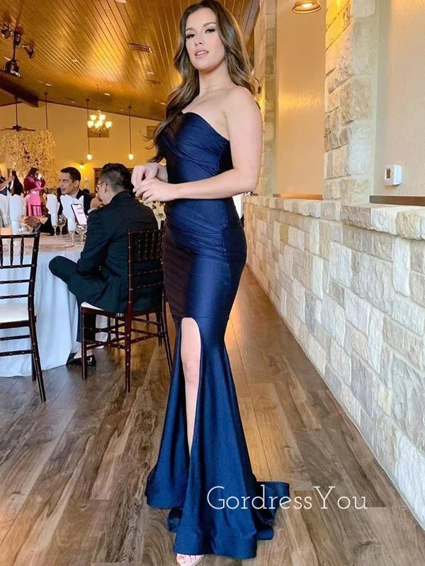 Navy Blue Satin Mermaid One Shoulder Side Slit Long Evening Prom Dresses, GR0231