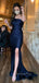 Navy Blue Satin Mermaid One Shoulder Side Slit Long Evening Prom Dresses, GR0231